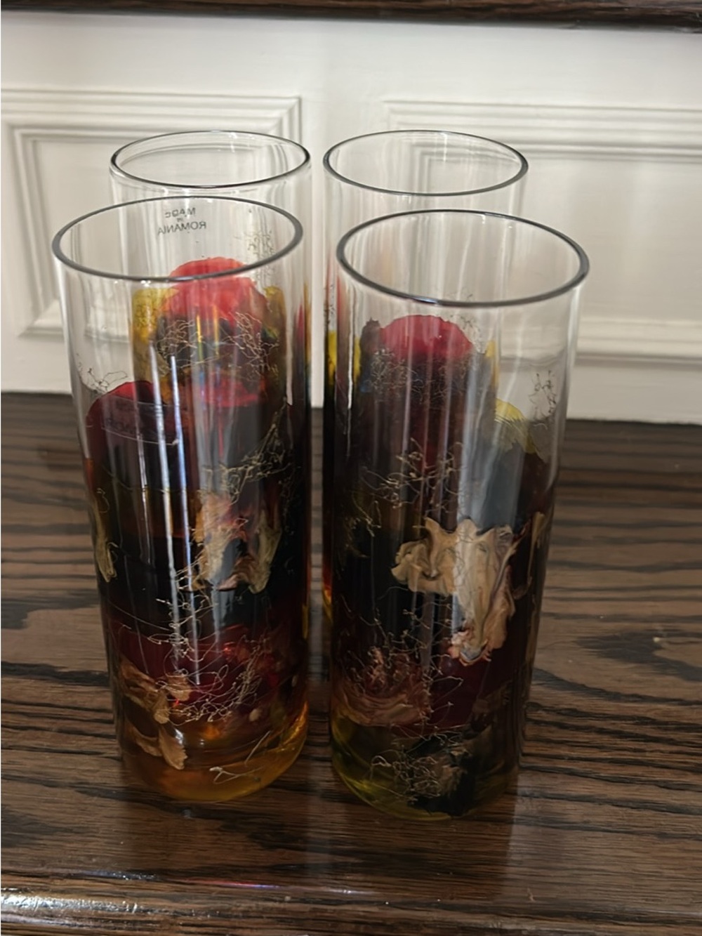 Decorative Glass Cylinder Glasses with Red and Gold Accents